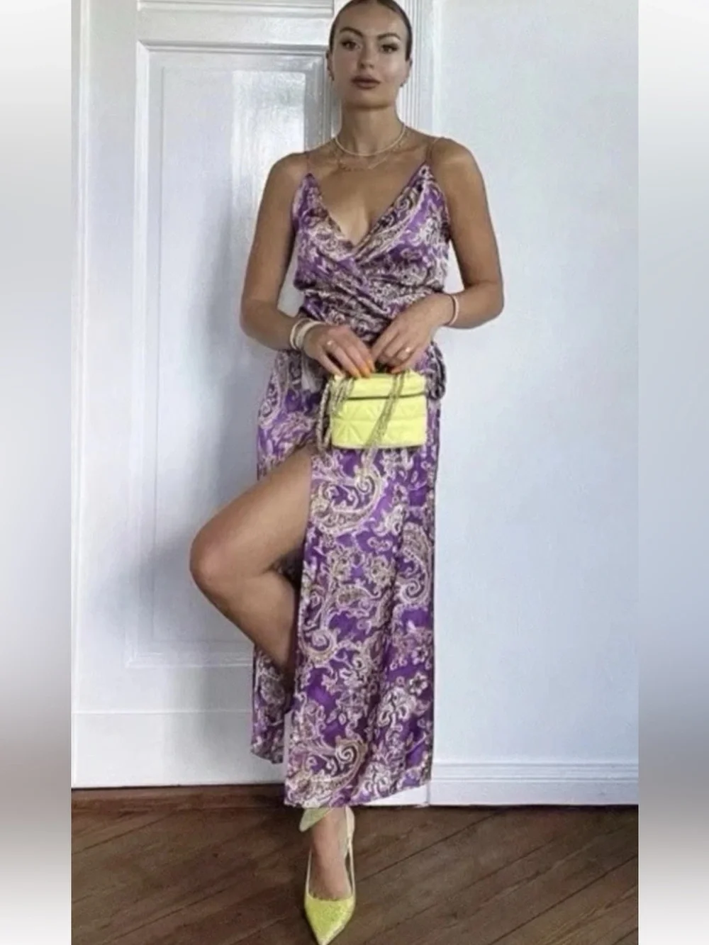 Zara Satin Paisley Sleeveless Spaghetti Strap Wrap Midi Dress Small Purple Party